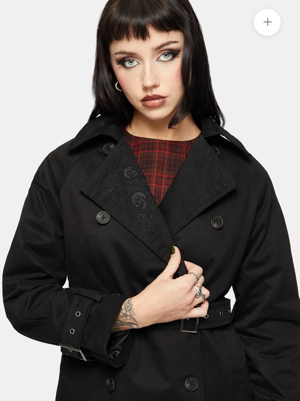 NWT Disturbia Poe Embroidered Black Belted Trench Coat Sz 8 Goth Grunge - Picture 5 of 15